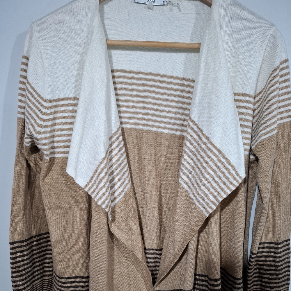 Sioni Cardigan Sweater Sz M Brown Cream Striped Draped Open Front Cashmere Blend - Picture 3 of 8